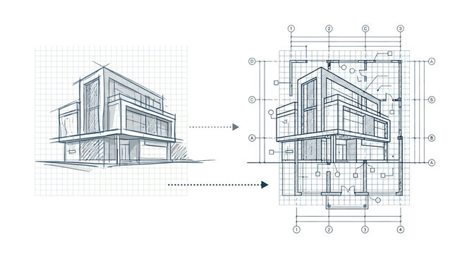 Modern Architectural House Sketch and Technical Floor Plan Blueprint Illustration on Grid Background - Concept to Construction Design Process