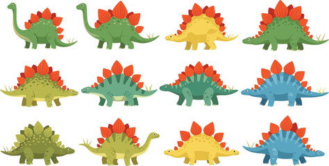 Stegosaurus Dinosaur Vector Collection Featuring Colorful Cartoon Prehistoric Creatures in Different Poses for Kids, Education, and Jurassic Theme Design Projects © MdShakib