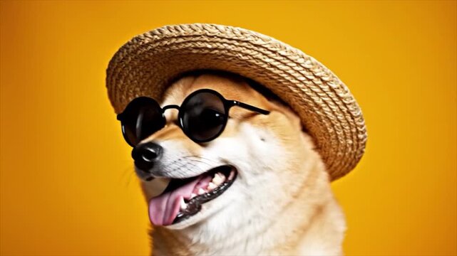 Dog wearing sunglasses and a straw hat smiles cheerfully outdoors, summer concept