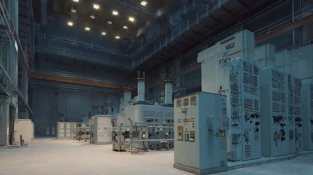 Industrial power plant interior featuring rows of complex machinery, numerous control panels, and advanced electrical equipment, highlighting modern engineering and energy infrastructure