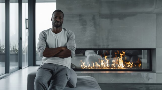 Confident man sitting with arms crossed by modern indoor fireplace in minimalist living room
