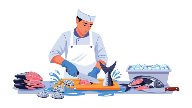 Fishmonger's Precision: A skilled fishmonger expertly fillets a fresh fish, revealing the vibrant hues of the catch. The scene evokes freshness, expertise, and culinary delight.