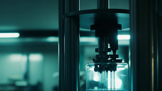 Glowing turquoise laboratory solution with bubbles and multiple probes immersed in glassware, close up of futuristic biotech research and advanced experimental analysis