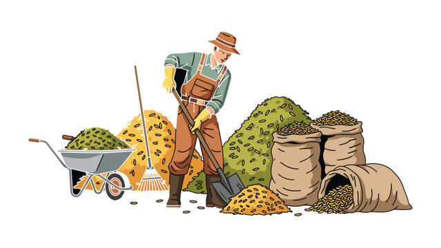 Farmer with Harvest: A dedicated farmer, toiling diligently with a shovel amidst a bountiful harvest of grains and hay, with sacks filled, wheelbarrow for transport.