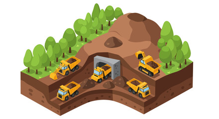 Mining Operation with Trucks and Tunnel Entrance. © Faiz