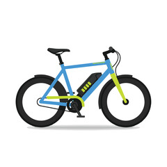 Fototapeta premium Electric bicycle with blue frame and black wheels on white background