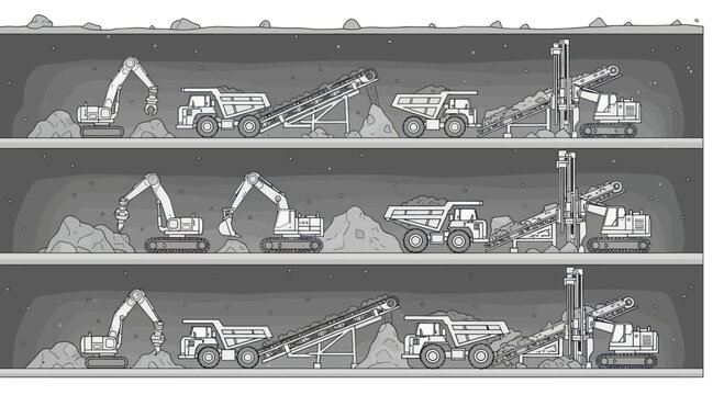 Mining operation with excavators trucks and conveyor belts in underground tunnels.