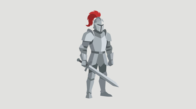 Stylized illustration of a medieval knight in full plate armor holding a longsword, with a red plume on his helmet, against a plain grey background.