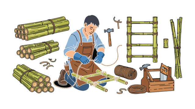 Crafting with Bamboo: A dedicated artisan meticulously constructs a bamboo ladder, showcasing skill and precision in the art of traditional craftsmanship.