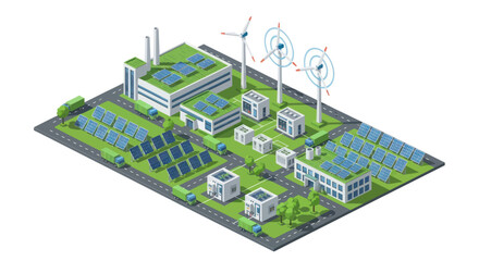 Obraz premium Modern Green Energy Power Plant with Solar Panels and Wind Turbines.