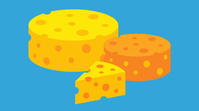 Illustration of various cheese types including two round wheels and a triangular wedge, all with characteristic holes, set against a solid blue background.