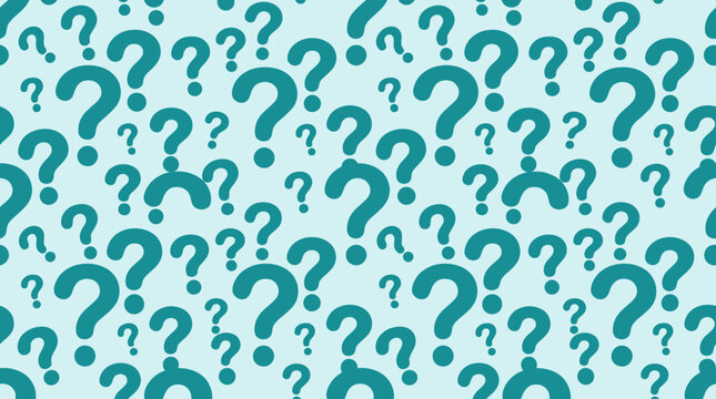 A seamless pattern of numerous teal question marks scattered across a light blue background, symbolizing inquiry, mystery, and the unknown.