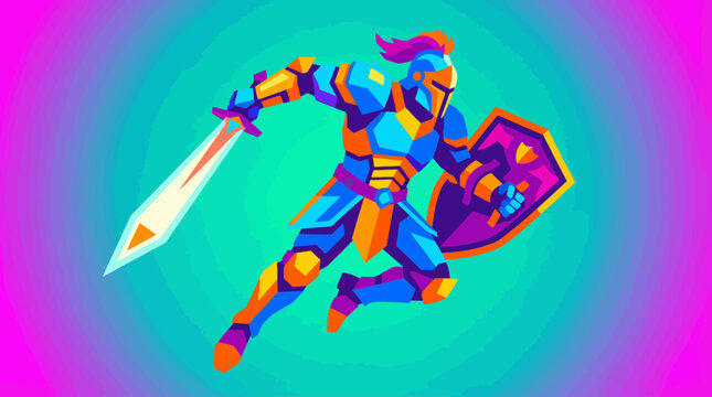 Vibrant geometric illustration of a knight in full armor with sword and shield in a dynamic pose against a gradient background.