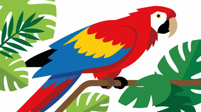A vibrant cartoon illustration of a colorful macaw parrot perched on a tree branch surrounded by lush green tropical leaves.