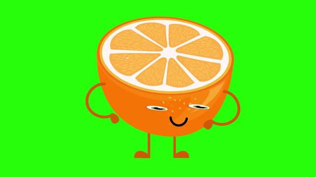 A Cute, Smiling Orange Slice Character 4k stock animation video on a green screen background for chroma key background for video editing.