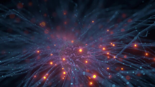 Network signal brain nerve cell neurology science biology glowing neural web with pulsing lights and flowing fibers evoking connection and discovery modern neuroscience research and data glowing