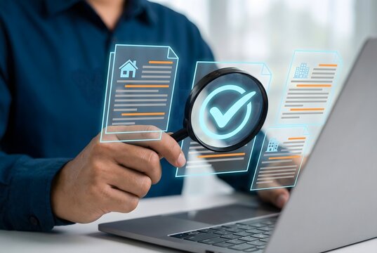 Person holding magnifying glass inspecting documents on laptop focusing on a checkmark