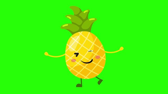 A happy, winking, cartoon pineapple character with a fun expression and sneakers is walking or dancing 4k stock animation video on a green screen background for chroma key background for video editing