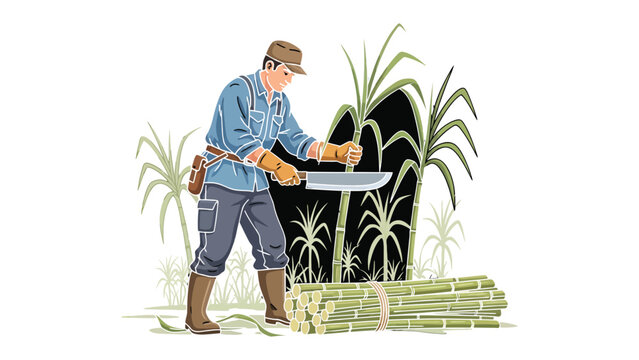 Sugar Cane Harvest: A field worker diligently harvests sugar cane, expertly wielding a machete in a vibrant field setting.