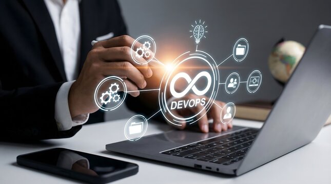 Business professional interacting with devops workflow on a laptop and mobile device