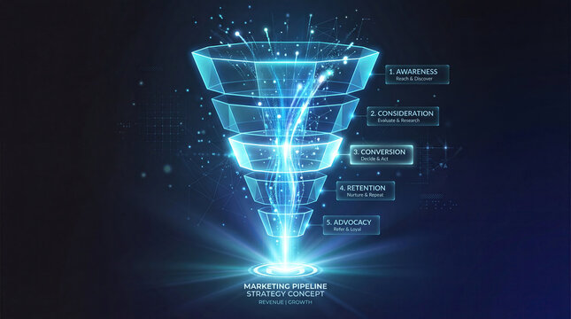 A funnel shape glowing with energy showing sales process concept. A digital marketing funnel concept with data visualization.