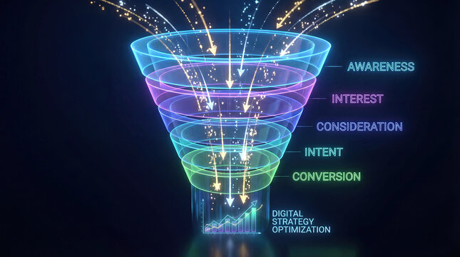 A funnel shape glowing with energy showing sales process concept. A digital marketing funnel illustrating stages of customer journey.