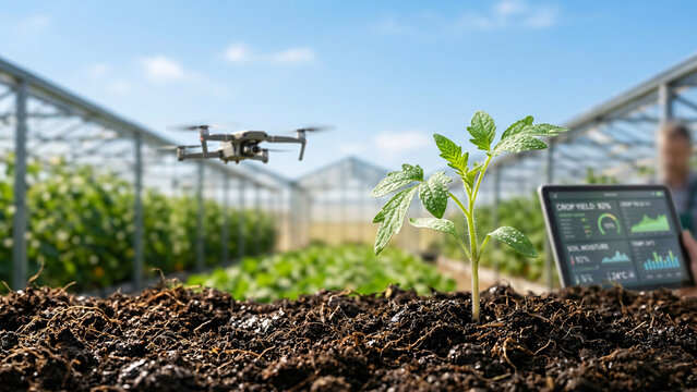 Agricultural drone flying over a smart greenhouse, high-tech farming concept.