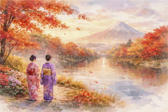 Japanese Watercolor Travel Landscape with Mount Fuji, Kimono Women and Sakura Flowers