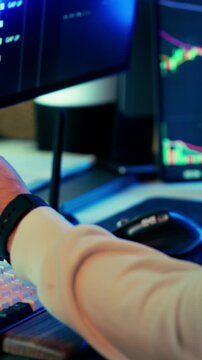 Trader workspace monitor screen data analysis decision making professional setup keyboard mouse multiple displays financial charts strategy planning focus fintech trading environment productivity