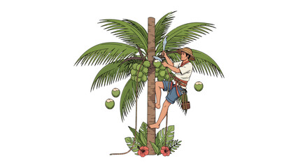 Coconut Harvest: A skilled individual climbs a tall coconut tree, demonstrating the traditional method of harvesting the tropical fruit, with coconuts in the branches and fresh fruit falling © Md