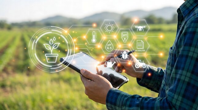 Farmer using tablet to monitor agricultural technology in a lush field