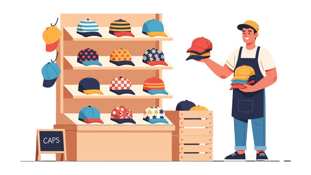 Hat Display in Shop: A cheerful shopkeeper presents an array of stylish caps on display, showcasing diverse colors, designs, and patterns in a retail setting.