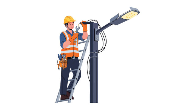 Streetlight Maintenance: A skilled electrician diligently works on a lamppost, ensuring the city's illumination remains bright. Emphasizing the significance of infrastructure upkeep.