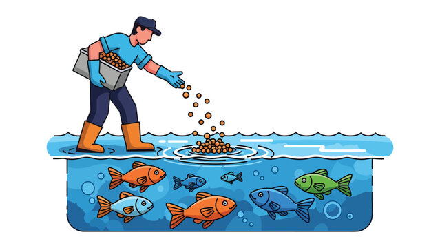 Feeding the Fish: A caregiver tends to aquatic life by carefully dispensing food pellets into a water-filled container, ensuring the well-being of the colorful fish within.