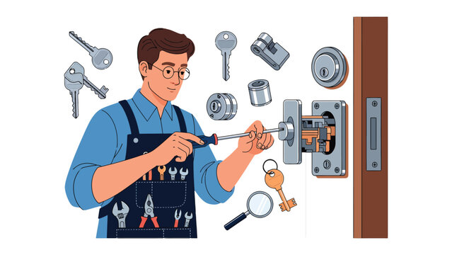Locksmith Expertise: An experienced locksmith at work, skillfully repairing a lock with tools and keys arranged around him. Representing the core of home security