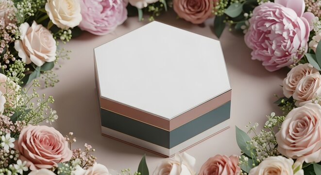 A white hexagonal gift box with green brown and gold stripes on a beige surface surrounded by pink and white roses peonies and baby's breath flowers ideal for product packaging and