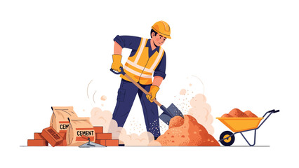 Building Harmony: A construction worker skillfully shovels soil, showcasing the raw materials and tools essential for bringing structures to life, demonstrating dedication to his craft. © Md