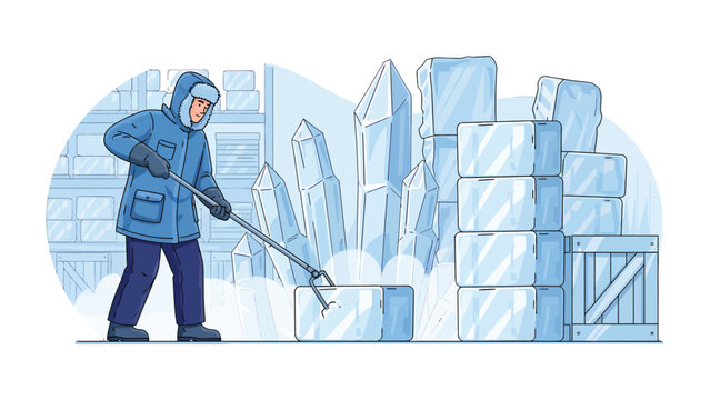 Chiseling Ice in Cold Storage: An individual meticulously works, carving ice blocks in a frigid cold storage warehouse, the air thick with frost.