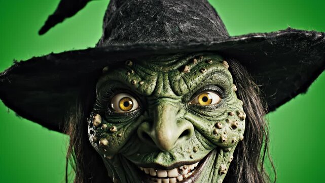 Closeup portrait of a scary witch with green skin, warts, and a black hat against a green background