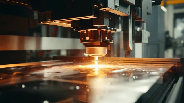 Industrial laser cutting a precise pattern into sheet metal, bright sparks flying as automated cnc machinery shapes steel in a modern manufacturing plant for high precision fabrication