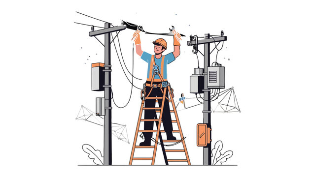 Electrical Technician at Work: An electrician skillfully works atop a ladder, meticulously attending to electrical lines and equipment on utility poles.