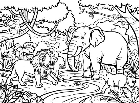 Jungle line art with lion, elephant, cub, and monkeys in lush habitat. Perfect for kids&rsquo; coloring books and printable activities.
