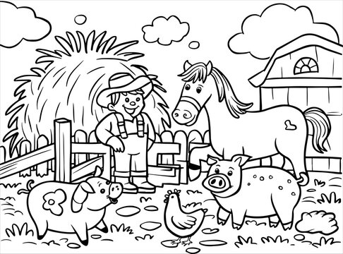 Cheerful farm line art with farmer, horse, pigs, and chicken near barn and haystack. Ideal for kids&rsquo; coloring and preschool activities.
