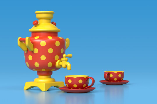 The samovar and two cups are painted with polka dots. 3D image of a retro samovar in a cartoon style. The concept of hospitality, tea drinking and Maslenitsa celebrations. 3D icons for decoration and 