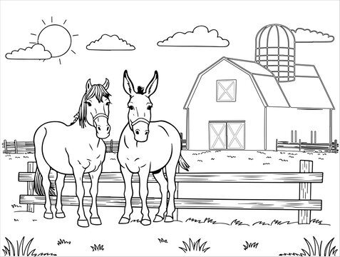 Farm line art with horse and donkey near barn and silo. Simple outline for kids&rsquo; coloring books, DIY crafts, and preschool sheets.