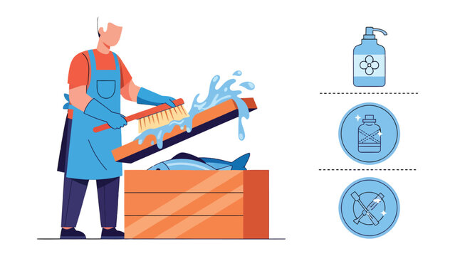 Fishmonger at Work: A fishmonger meticulously cleans a fresh fish.
