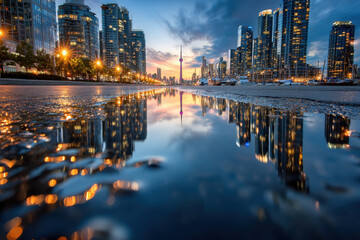 Fototapeta premium City Skyline Reflected in a Puddle at Dusk