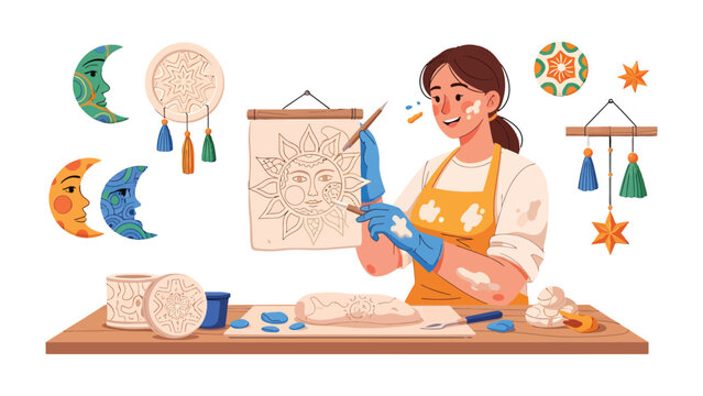 Artisan's Artistic Expression: A skilled artisan passionately engaged in crafting unique art pieces, bringing her creative vision to life.