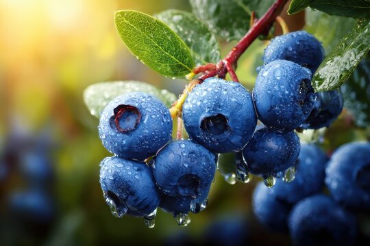Bush of a ripe blueberries at organic farm. Selective focus. Blueberry growing. Harvest picking season. Blue berry grows on a plantation farming. Sunny day. Close-up of berries bunch, green leaves. 4K