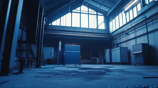 Industrial manufacturing plant interior, featuring a vast workshop space with spilled metal pellets on the floor, showing the raw materials of production under dim lighting
